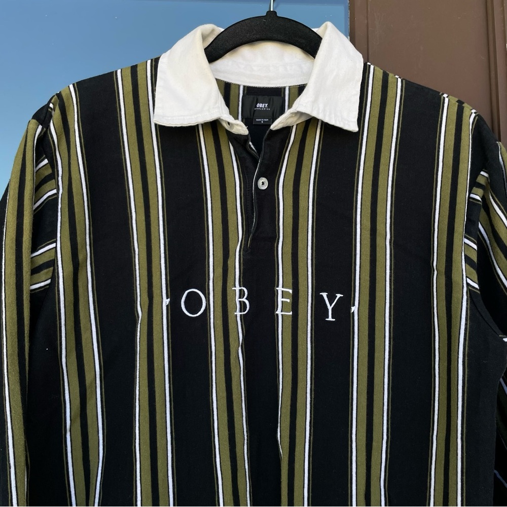 Obey Black and Green Striped Polo Shirt